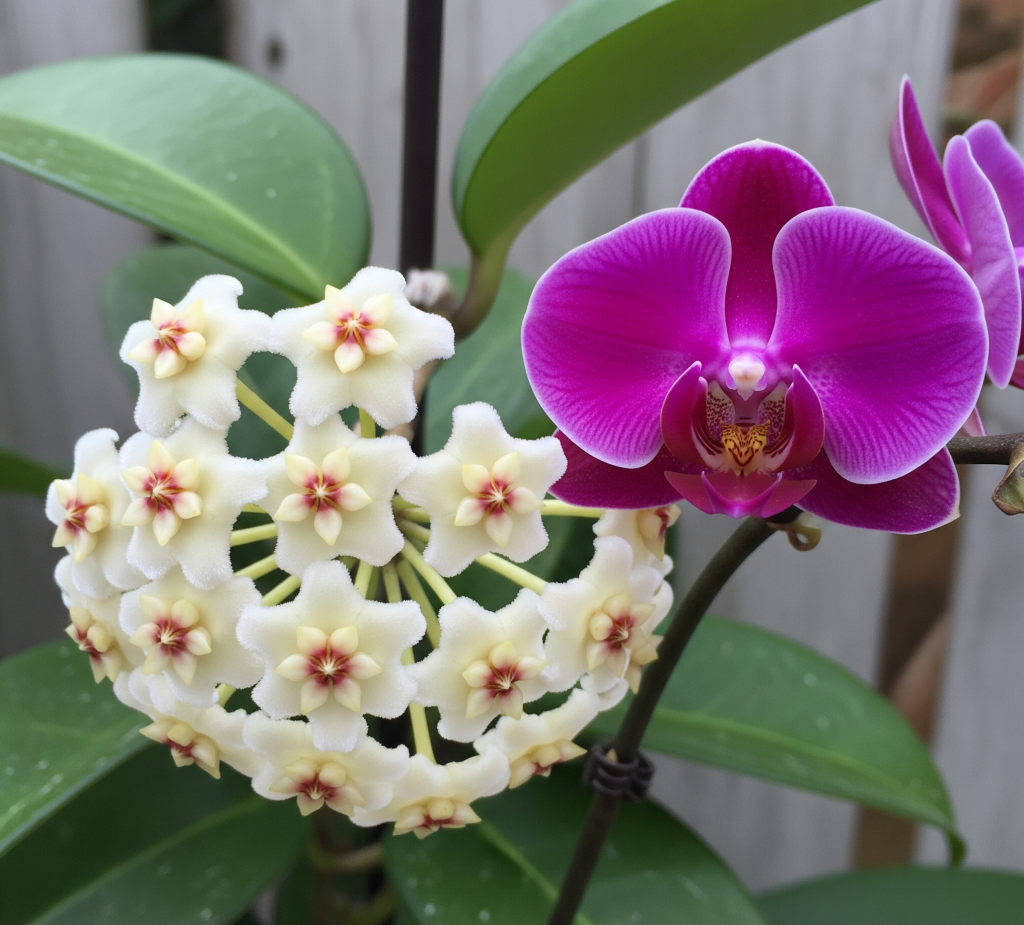 Hoya and orchid bloom.
